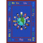 A rectangle blue kids rug with children holding hands around the world and the alphabet in upper and lower case around the edge.