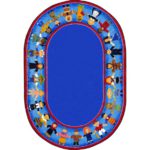 An oval blue kids rug with children of many cultures holding hands around the edge of this rug.