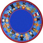 A round blue kids rug with children of many cultures holding hands around the edge of this rug.