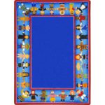 A rectangle blue kids rug with children of many cultures holding hands around the edge of this rug.