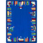 A blue childrens rug with books around the edge