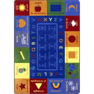 A spanish and english educational childrens rug with numbers letters and words.