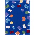 A blue childrens rug with books around the edge
