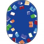 An oval blue childrens rug with books around the edge