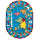 An oval kids rug with children of all cultures holding hands around the world.