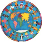 A round kids rug with children of all cultures holding hands around the world.