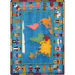 A rectangle kids rug with children of all cultures holding hands around the world.