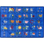 A spanish and english educational childrens rug with numbers letters and words.