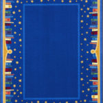 A blue childrens rug with books and stars around the edge