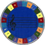 A round blue music rug with a music bar in the center and instruments around the edge.