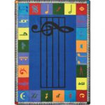 A rectangle blue music rug with a music bar in the center and instruments around the edge.