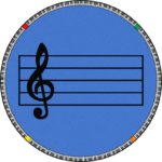 A round blue music rug with a music bar in the center.