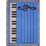 A rectangle blue music rug with piano keys and music bar in the center.