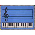 A rectangle blue music rug with piano keys and music bar in the center.