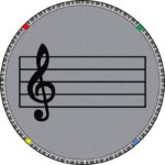A round gray music rug with a music bar in the center.