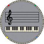 A round gray music rug with piano keys and music bar in the center.