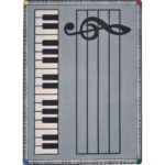 A gray rectangle music rug with piano keys and music bar in the center.