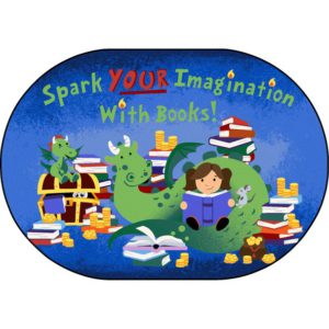 An oval childrens rug with books and kids reading.