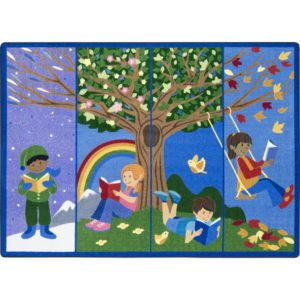 A childrens rug with kids reading in all four seasons.