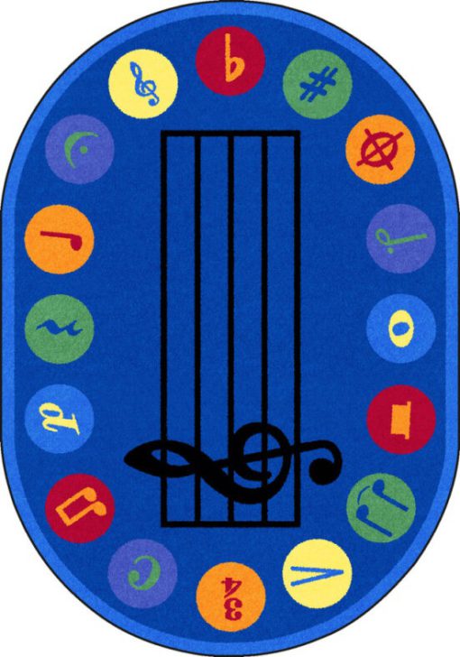 An oval blue music rug with music notes around the edge and music bar in the center.