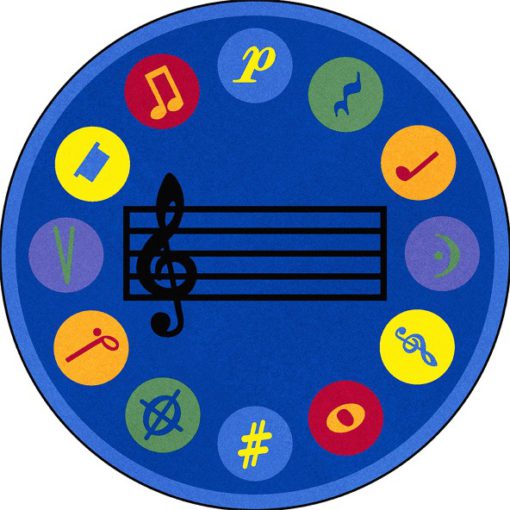 A round blue music rug with music notes around the edge and music bar in the center.