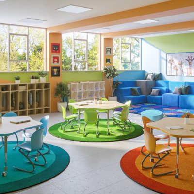 A classroom setting with three round rugs under desks and chairs.